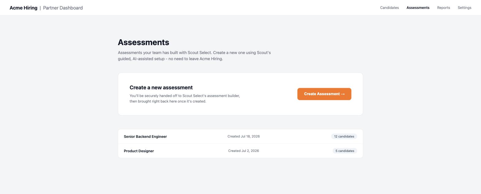 Acme Hiring's own assessments page with a Create Assessment button